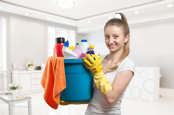 Cleaning service, woman with detergent - Zdjęcie, obraz
