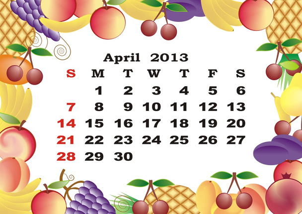 April - monthly calendar 2013 in frame with fruits - Вектор, зображення
