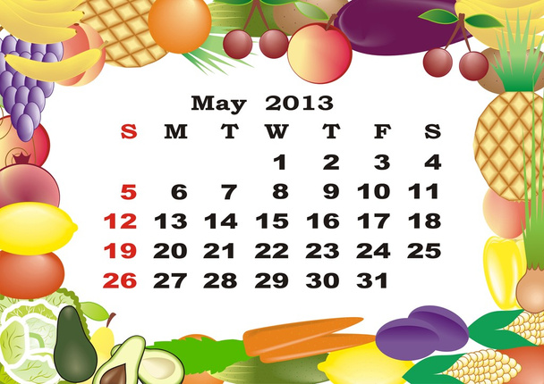 May - monthly calendar 2013 in frame with fruits and vegetables - Vettoriali, immagini