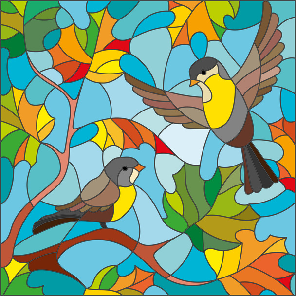 Illustration in stained glass style on the theme of autumn, two Tits in the sky and maple leaves - Vector, Image