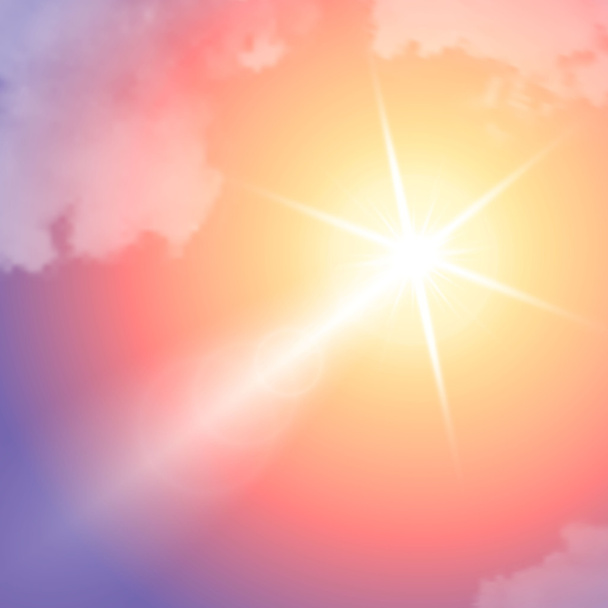 Realistic sun flare with clouds on blue sky. - Vector, Image