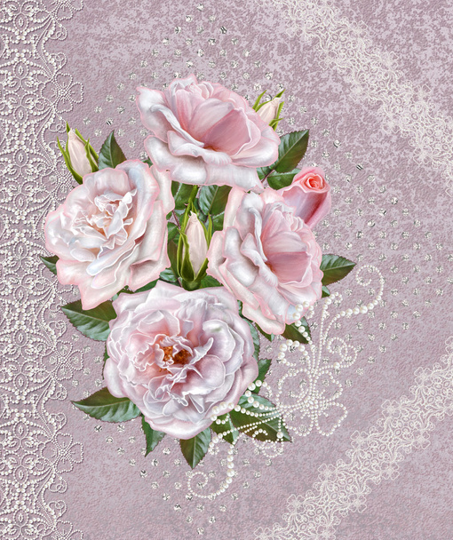 Vintage postcard. Old style. Bouquet pink roses on a pastel background, invitation card. Lace, openwork weaving, delicate frame. - Photo, image