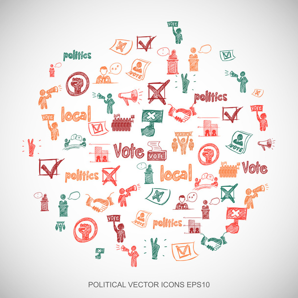 Multicolor Doodles kézzel rajzolt politika ikonok meg a fehér. Eps10 vektoros illusztráció. - Vektor, kép
