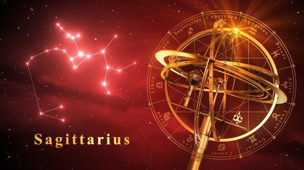 Armillarsphäre und Sternbild Sagittarius auf rotem Hintergrund - Foto, Bild