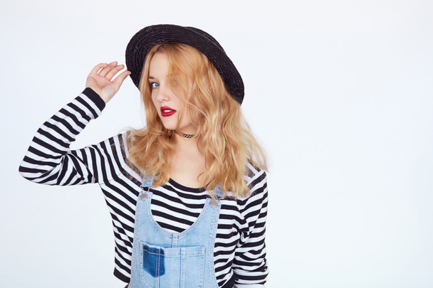 Fashionable blond hair girl with red lipstick - 写真・画像