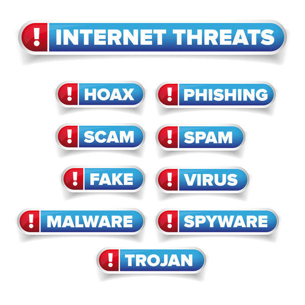 Набор кнопок с угрозами в Интернете - мистификация, спам и т.д.
 - Вектор,изображение