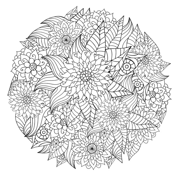 黒と白の円の花の装飾。ラウンドレースフラワーマンダル - ベクター画像