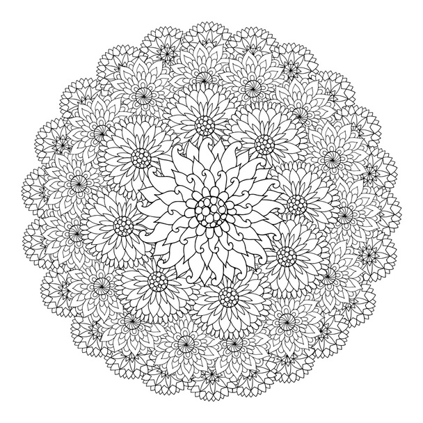 Květinové ozdoba v černém a bílém kruhu. Kulaté krajkové květinové Mandal - Vektor, obrázek