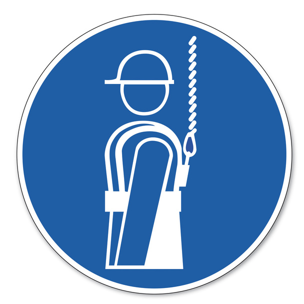 Befehlszeichen Sicherheitszeichen Piktogramm Arbeitssicherheit Zeichen Gurtzeug verwenden - Vektor, Bild