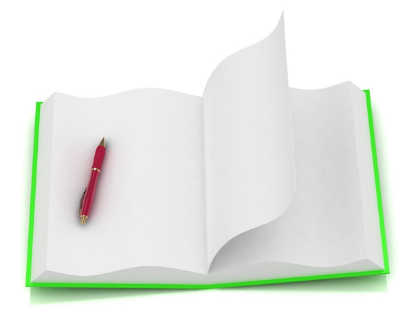 Open notepad green with a red pen - Fotoğraf, Görsel