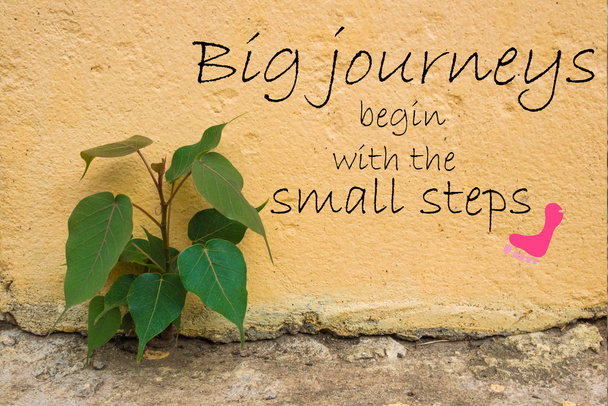 Λέξη μεγάλα ταξίδια ξεκινούν με τα μικρά βήματα. Εμπνευσμένη φράση παρακίνησης στο παλιό πέτρινο τοίχο με δέντρο για φόντο - Φωτογραφία, εικόνα