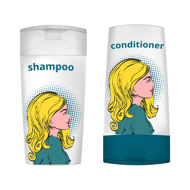 Shampoo ja hoitoaine pullon suunnittelu
 - Vektori, kuva