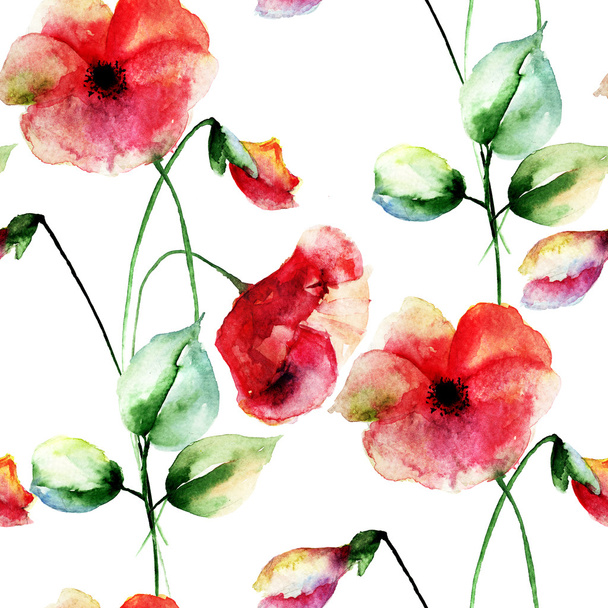 Seamless wallpaper with Colorful Poppies flowers - Fotoğraf, Görsel
