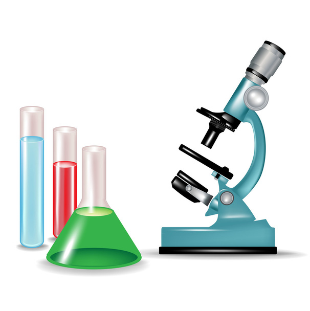 Microscope and chemical substances glass containers - Vector, imagen