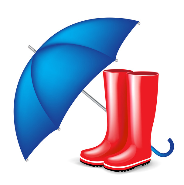 ΛΟΥΡΙ: κόκκινο καουτσούκ μπότες με μπλε ομπρέλα - Διάνυσμα, εικόνα