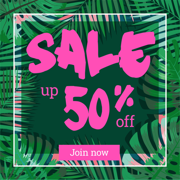 Summer sale. Web-banner or poster with palm leaves. EPS 10 - Вектор,изображение