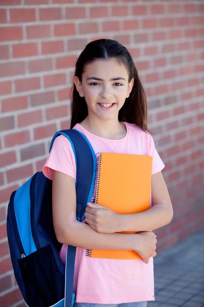 Preteenager girl with backpack and book - 写真・画像