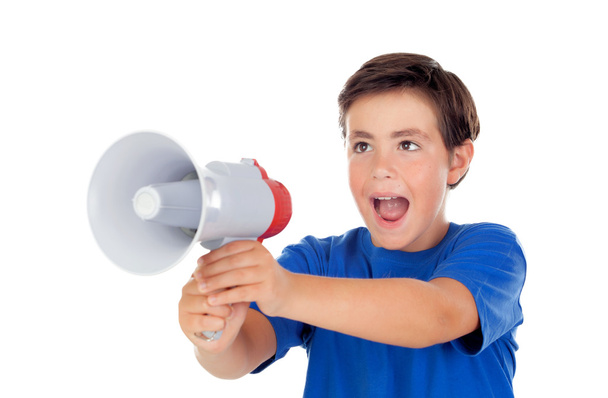 Divertente ragazzo urlando attraverso un megafono
   - Foto, immagini