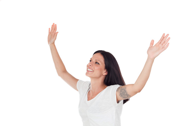 aufgeregte brünette Frau feiert einen Triumph - Foto, Bild