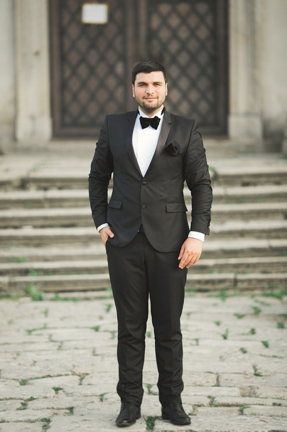 Stylish groom posing on background old castle - Fotografie, Obrázek