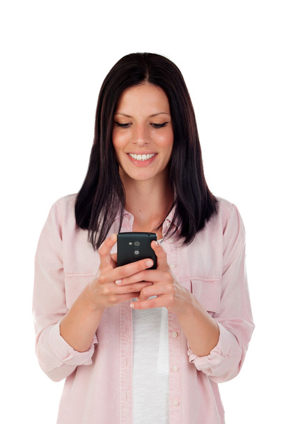 Smiling brunette woman looking mobile - Foto, afbeelding