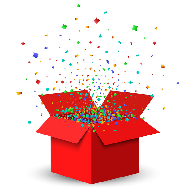 Open Rode Gift Box en Confetti. - Vector, afbeelding