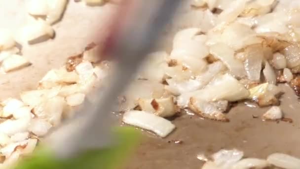 Bir tavada kızarmış soğan Closeup hazırlanması. - Video, Çekim