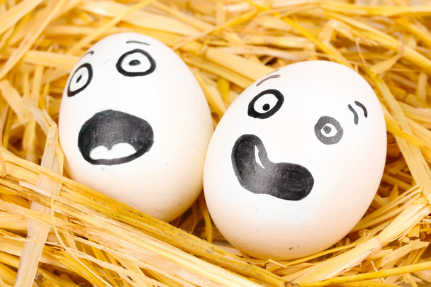 White eggs with funny faces in straw - Foto, Imagem