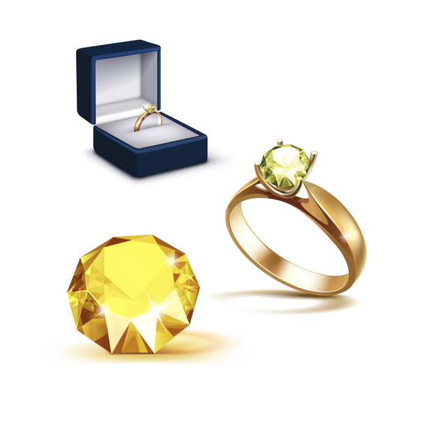 Bague de fiançailles en or vectoriel avec diamant brillant jaune dans une boîte à bijoux bleue Fermer Isolé sur fond blanc
 - Vecteur, image