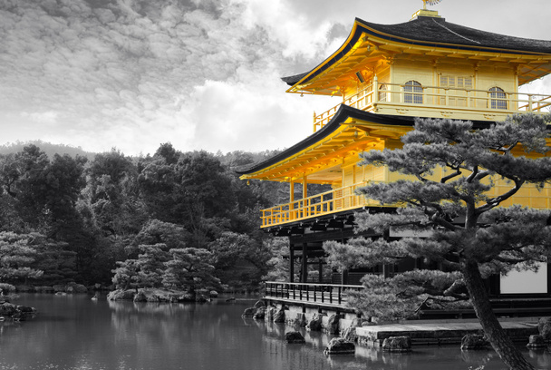 Famous Kinkaku-ji Golden Pavilion temple of Kyoto, Japan in black and white with selective color - Photo, Image