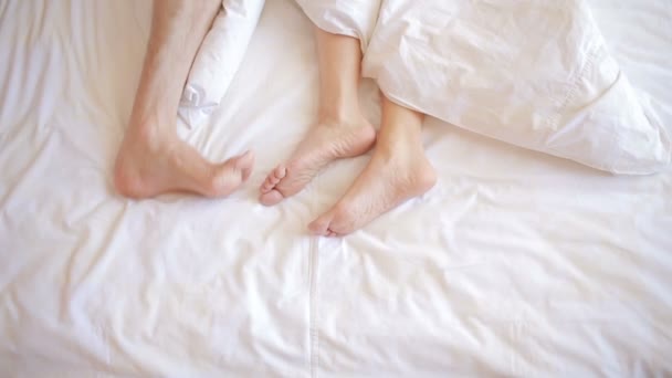 a man and a woman in bed. male and female legs top view, white linens - Materiaali, video