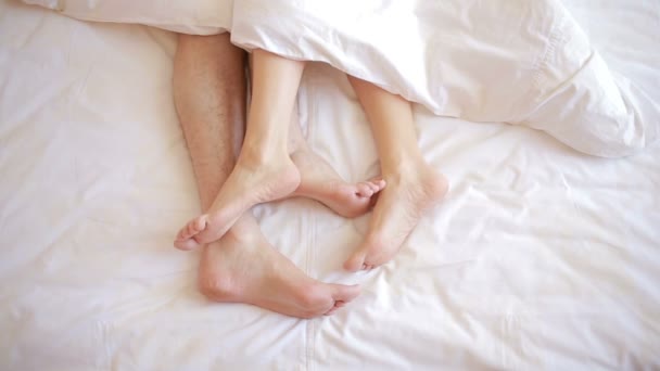 a man and a woman in bed. male and female legs top view, white linens - Filmati, video