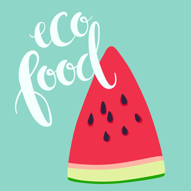 in Scheiben geschnittene reife Wassermelone und Öko-Lebensmittel Schriftzug. - Vektor, Bild