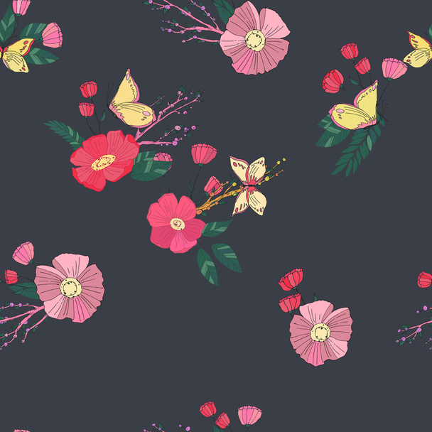 花のシームレスなビンテージ ワイルドフラワー パターン - ベクター画像