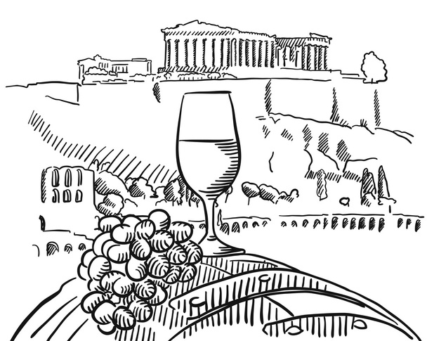 Vine Glass on Barrel in Front of Acropolis, Athens - Vector, Image