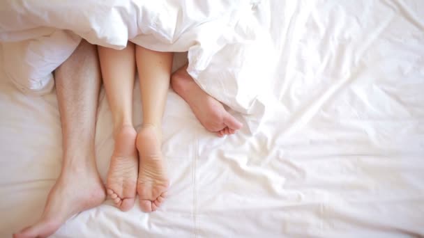 a man and a woman in bed. male and female legs top view, white linens - Felvétel, videó