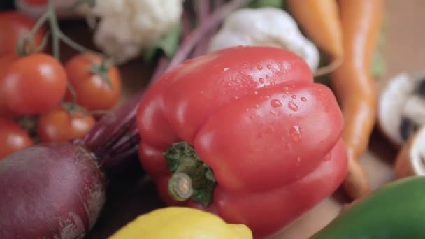 Rode paprika met water druppels op de tabel. Verse groente mix - Video