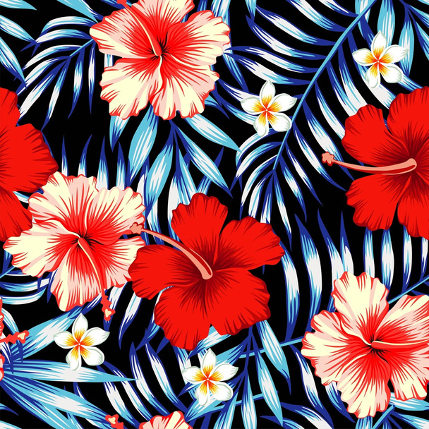 hibiscus red and palm leaves blue seamless background - Vector, imagen