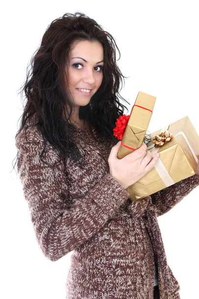 Attractive woman in brown cardigan with presents - Foto, Imagem
