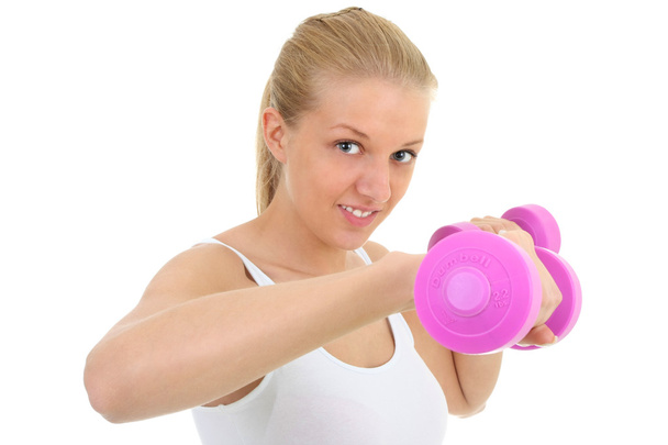 Young blondie woman with dumbbell - Photo, image