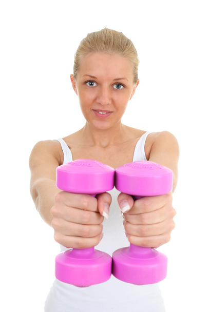 Young blondie woman with dumbbells isolated over white - Fotografie, Obrázek