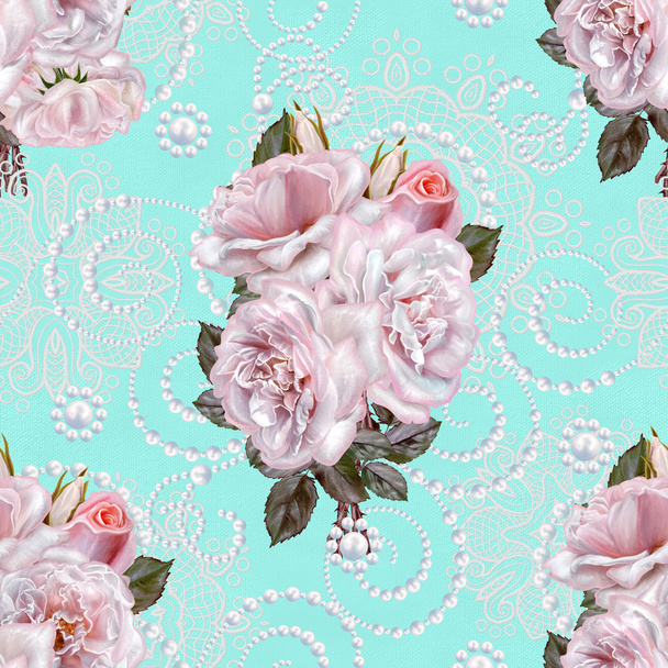 Pattern, seamless. Old style.Fine weaving, mosaic. Damascus ornament. Bouquet of flowers. Pink roses, pastel, white. Lace, curls of the pearls. Vintage background. - Fotografie, Obrázek