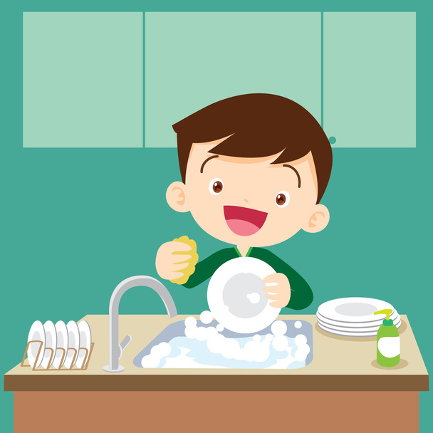 милий хлопчик посуд миття
 - Вектор, зображення