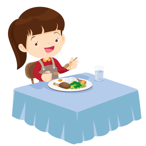 Χαριτωμένο κορίτσι τρώει τόσο ευτυχισμένη και νόστιμα - Διάνυσμα, εικόνα