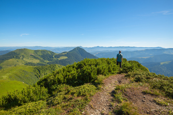 Hiker standing on mountain pass looks at the  mountain tops - Fotoğraf, Görsel