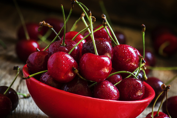 Red cherries, selective focus - Fotoğraf, Görsel