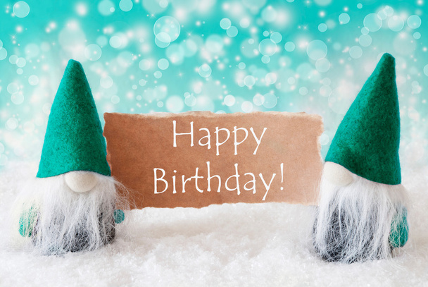 Turqoise Gnomes With Card, Happy Birthday - 写真・画像