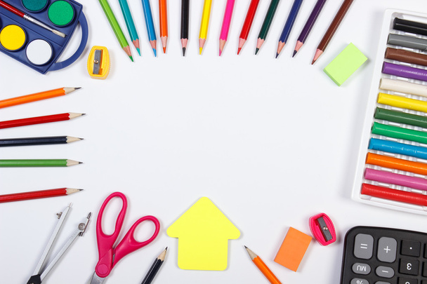 School accessories and shape of building on white background, back to school concept, copy space for text - Φωτογραφία, εικόνα