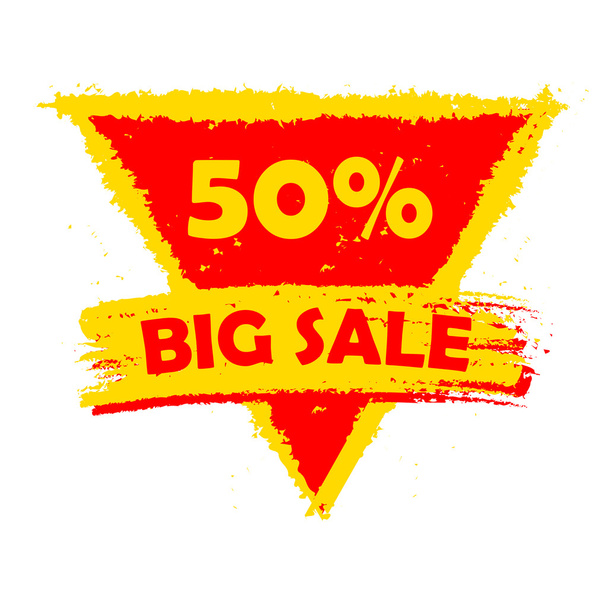 50 por ciento gran venta, etiqueta de triángulo dibujado amarillo y rojo, ve
 - Vector, imagen