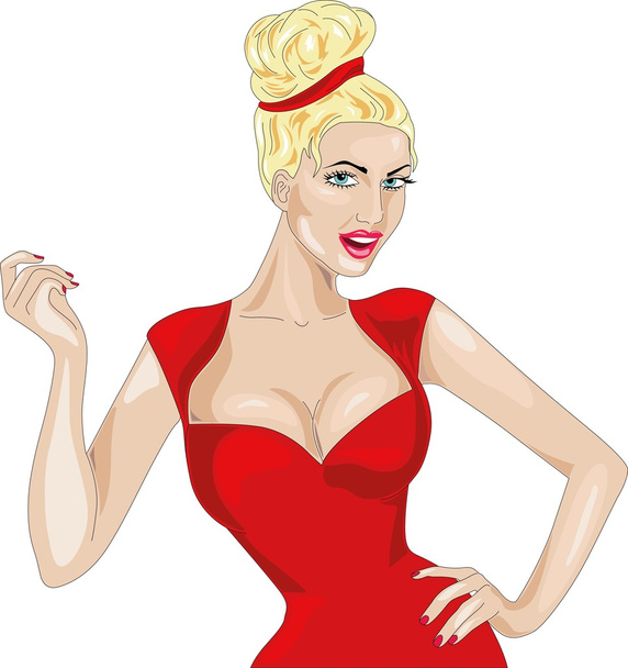 Beautiful blonde woman in red dress. Sexy girl. - Vector, imagen